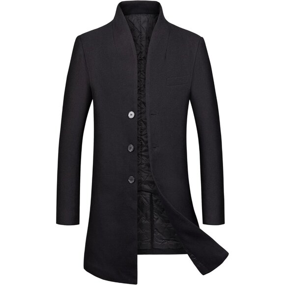 🆕 Men Black Wool Trench Coat Slim Fit Winter Durable Soft Breasted Two Buttons - Picture 1 of 6